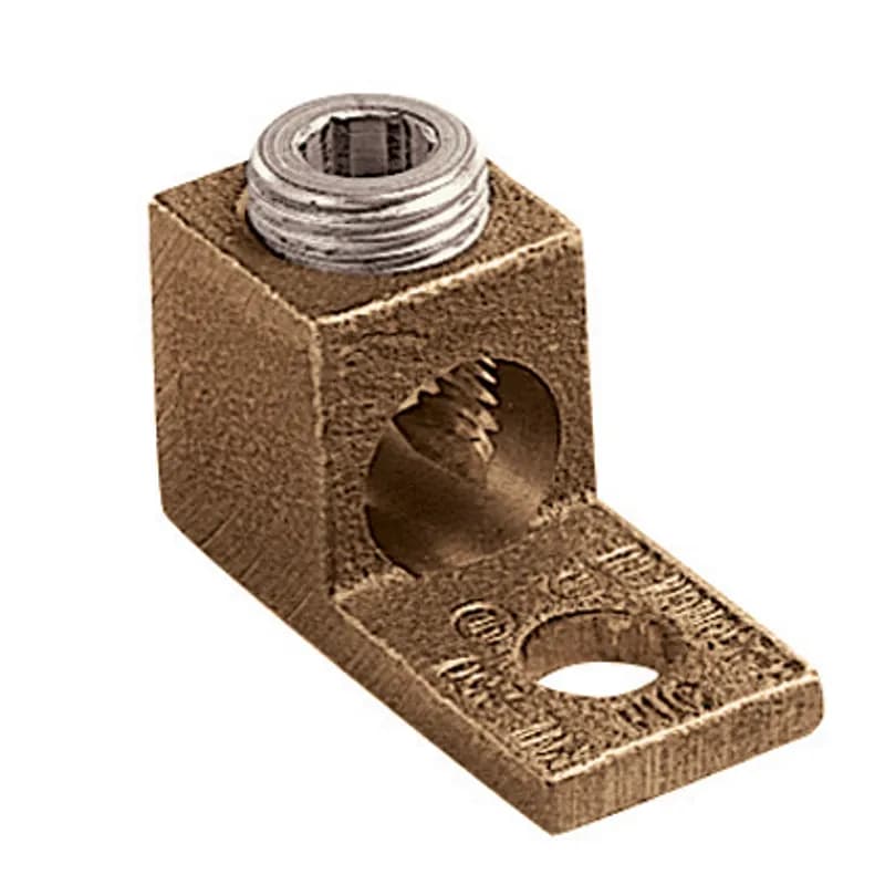 One-hole, copper, single barrel, straight tongue lug, #4 SOL -500 kcmil, 1/2 (12.7mm) stud hole.