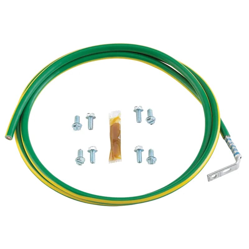 #6 AWG jumper, 90 bent lug on grounding strip side to straight lug on equipment.