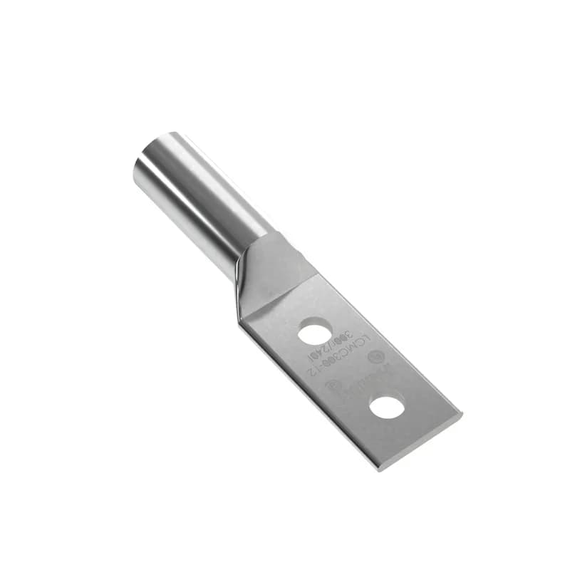 The LCMC300-12-6 Tin-Plated Copper Compression Metric Lug, two-hole, long barrel, has color-coded barrels marked with Panduit and specified competitor die index numbers for proper crimp die selection. An inspection window aids to visually assure full conductor insertion, and the tin-plate material helps to inhibit corrosion. UL Listed and CSA Certified to 35 KV and temperature rated to 90 C.