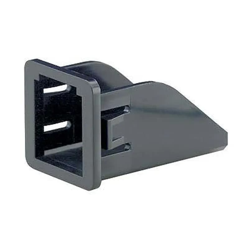 The Mini-Com adapter snaps into 0.827 x 0.827 (21mm x 21mm) opening and accepts one Mini-Com module. Panel thickness should be 0.016 to 0.056 (1.17mm to 1.42mm). The adapter is black.
