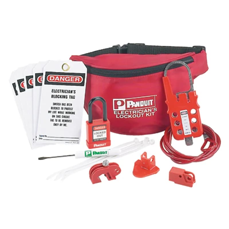 Panduit PSL-PK-EA - The PSL-PK-EA Contractor Lockout Kit contains a variety of lockout/tagout devices commonly used by an individual electrician. Kit includes: (1) Screwdriver, (1) PSL-PK pouch, (1) PSL-8 red non-conductive padlock, (1) PSL-MLD multiple lockout device, (1) PSL-WS wall switch lockout device, (1) PSL-CBNT "No Tool" circuit breaker lockout device, (1) PSL-P plug lockout device, (5) PVT-30 electrician's blocking tags.