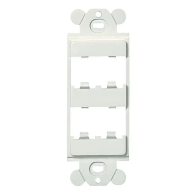 The Mini-Com rectangular adapter accepts four Mini-Com modules. The adapter mounts behind standard GFCI faceplates and is white.