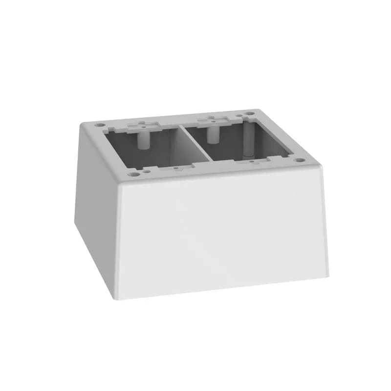 The power rated junction box is designed to be used with any Panduit LD profile Surface Raceway. It is compatible with standard double gang NEMA screw-on faceplates. It is a double gang box and measures 5.19 inches L x 5.19 inches W x 2.75 inches H (131.9mm x 131.9mm x 69.8mm). It is made of PVC material and is White.