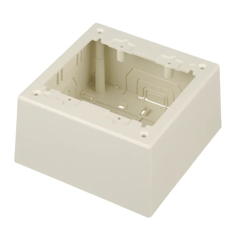 The power rated junction box is designed to be used with any Panduit LD profile Surface Raceway. It is compatible with standard double gang NEMA screw-on faceplates. It is a double gang box and measures 5.19 inches L x 5.19 inches W x 2.75 inches H (131.9mm x 131.9mm x 69.8mm). It is made of PVC material and is Off White.