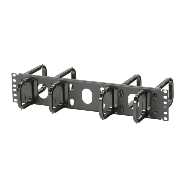The Open-Access Horizontal D-Ring Cable Manager provides open and efficient access to power, coaxial and communications cables. Made of a steel frame with modular plastic snap-in D-rings, the cable manager is lightweight and durable, but flexible enough to endure seamless moves, adds, and changes. It is compatible with any standard EIA 19 inch (483mm) rack or cabinet. The manager is 2 RU and comes with 3 in. deep D-rings on the front and 5 in. deep D-rings on the rear. The manager is black.
