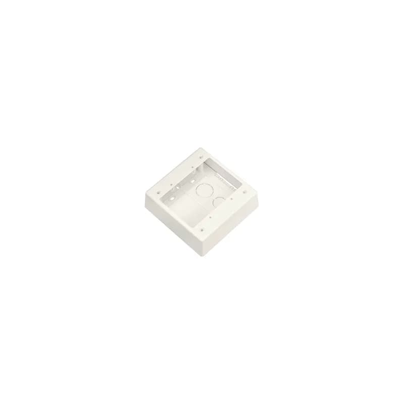 The double gang two-piece screw together outlet box accepts Pan-Way Screw-On Faceplates or any NEMA standard double gang faceplates. For use with Pan-Way LD profile raceway. 5.05"L x 5.05"W x 1.62"H (128.2mm x 128.2mm x 41.1mm). Breakouts for 1/2" or 3/4" diameter conduit, White.