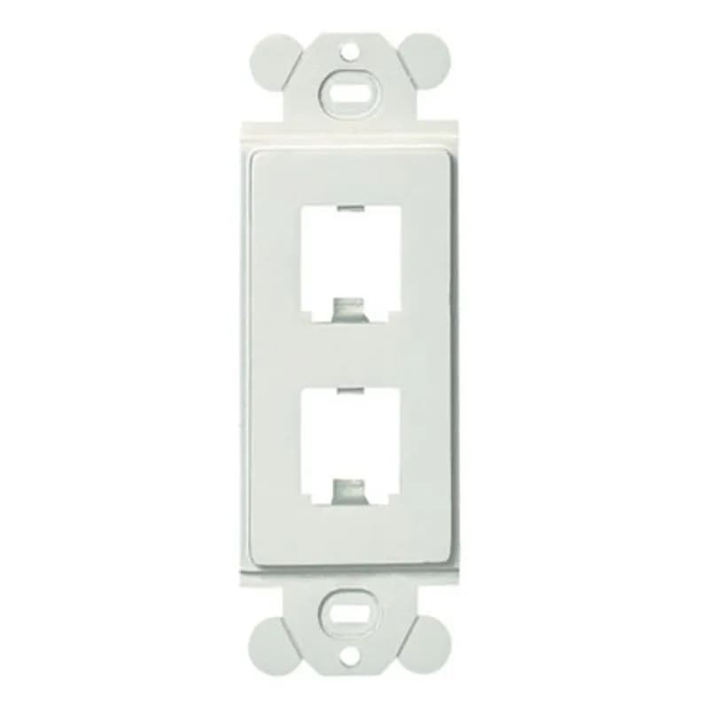 The Mini-Com rectangular adapter accepts two Mini-Com modules. The adapter mounts behind standard GFCI faceplates and is white.