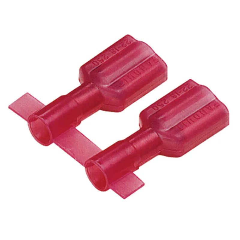 The vibration resistant female disconnect is made of brass and is tin-plated. It is fully insulated in a red, nylon housing. It has a tab size of 0.187 x 0.032" (4.8 x 0.8 mm) and supports a wire range of 22-18 AWG (0.5-1.0 mm ). It is 0.78" (19.8 mm) long and 0.29" (7.4 mm) wide. The disconnect has a funnel entry barrel configuration and a butted seam barrel. It comes in reels of 3000 pieces.