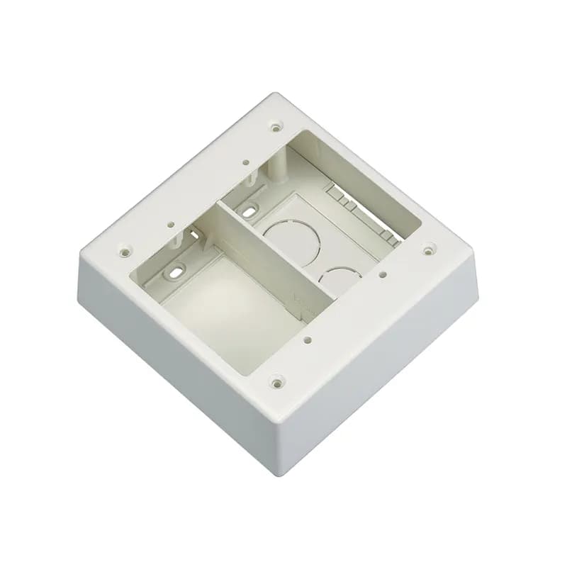 The double gang two-piece screw together divided outlet box. Box accepts Pan-Way Screw-On Faceplates or any NEMA standard double gang faceplate. For use with Pan-Way T-45 or LD profile raceway. 5.05"L x 5.05"W x 1.62"H (128.2mm x 128.2mm x 41.1mm). Breakouts for 1/2" or 3/4" diameter conduit. Off White