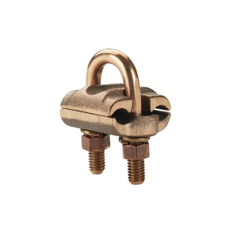 Bronze grounding clamp, U-bolt for 2 cables, 2/0 SOL - 250 kcmil copper conductor size range, 5/8" (1.6mm) or 3/4" (1.9mm) ground rod size, 3/8 (9.5mm) iron pipe size.