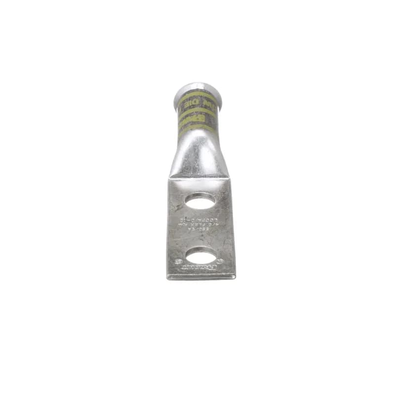 Two-hole, long flared barrel, 4/0 AWG wire, 1/2 stud hole, 1 3/4 hole spacing, NEMA hole sizes and spacing.