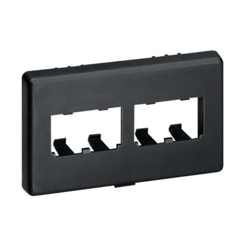 The Mini-Com Modular Furniture Faceplate accepts four Mini-Com Modules. The faceplate mounts to Herman Miller's custom baseline office furniture opening. The faceplate can be identified with an adhesive label and is black.