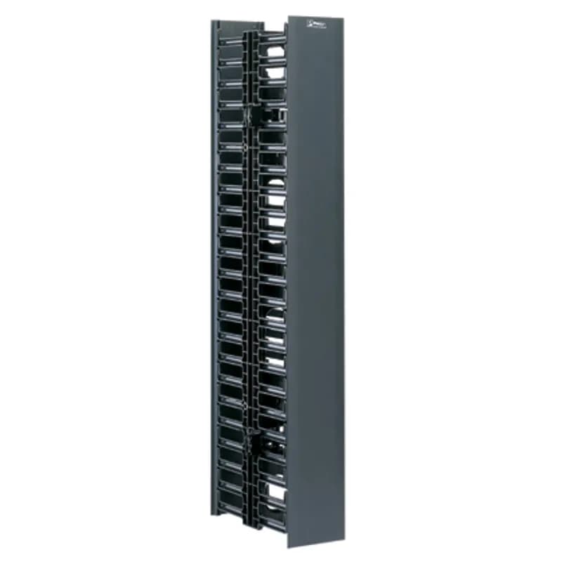 The NetRunner Vertical Cable Manager is a dual-sided cable manager that provides a cost-effective solution to organize, manage, and protect network cabling in telecommunication rooms and data centers. Cable management fingers simplify cable routing during installation and maintenance. The bend radius control helps protect cables from kinks and snags, ensuring system performance and reliability. The manager is 22 RU, 5 inches wide x 12 inches deep, includes dual-hinging covers, and is black.