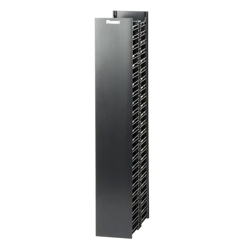 The NetRunner Vertical Cable Manager is a dual-sided cable manager that provides a cost-effective solution to organize, manage, and protect network cabling in telecommunication rooms and data centers. Cable management fingers simplify cable routing during installation and maintenance. The bend radius control helps protect cables from kinks and snags, ensuring system performance and reliability. The manager is 45 RU, 6.7 inches wide x 14.1 inches deep, includes dual-hinging covers and is black.