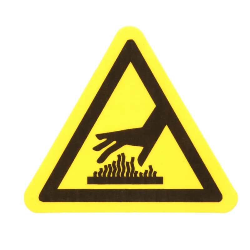 WL36Y ISO Hot Surface Labels are adhesive backed and triangular shaped. This design displays a hand above a hot surface. They are 2.0 (50.8mm) triangle width, for indoor/outdoor use. Made of vinyl, are yellow and black in color and come in packages of 50.