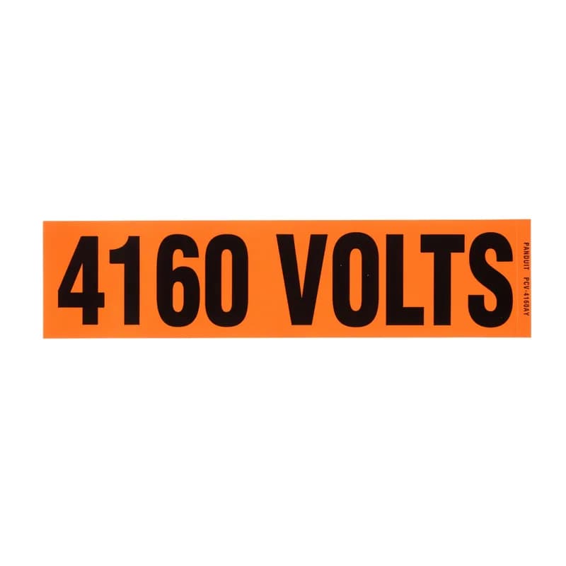 Voltage marker, 9.0" W x 2.25" H, '4160 Volts' (legend), vinyl, black/orange, 1 marker/card, 5 cards/package.