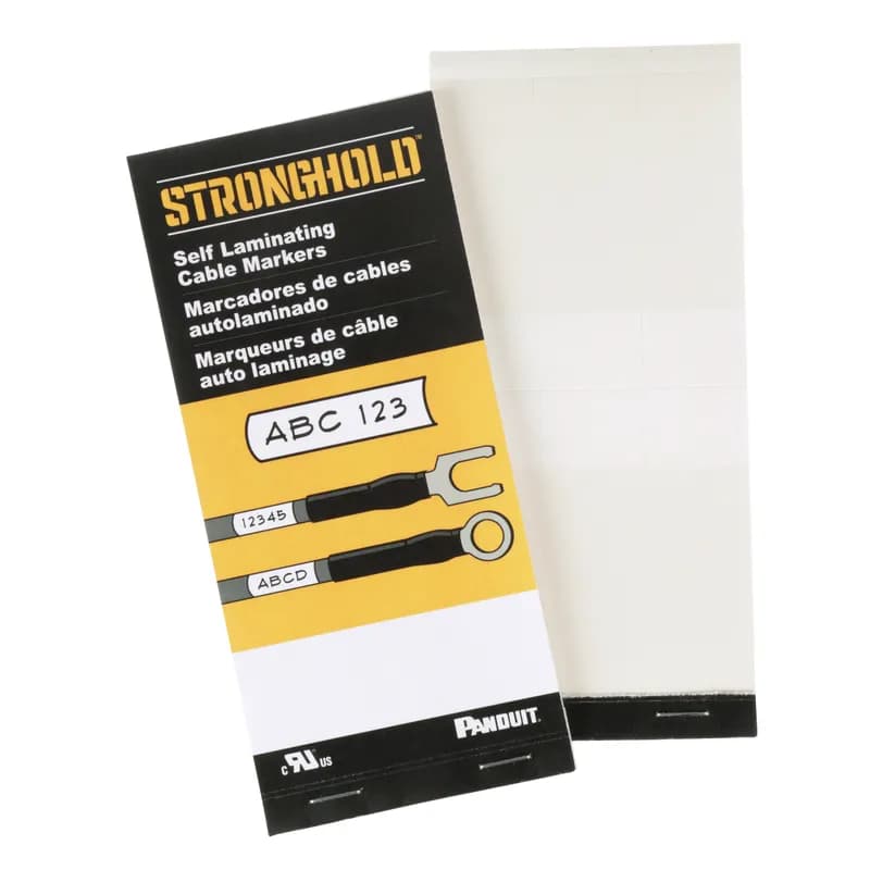 Panduit PSCB-6Y - StrongHold PSCB-6Y Self-Laminating Cable Markers have a 1.0 (25.4mm) blank ink receptive area to allow for handwritten legends and a clear section that wraps around to laminate and protect the printed legend. Designed to withstand various outdoor environments. The markers are white in color and come 30 markers per book.