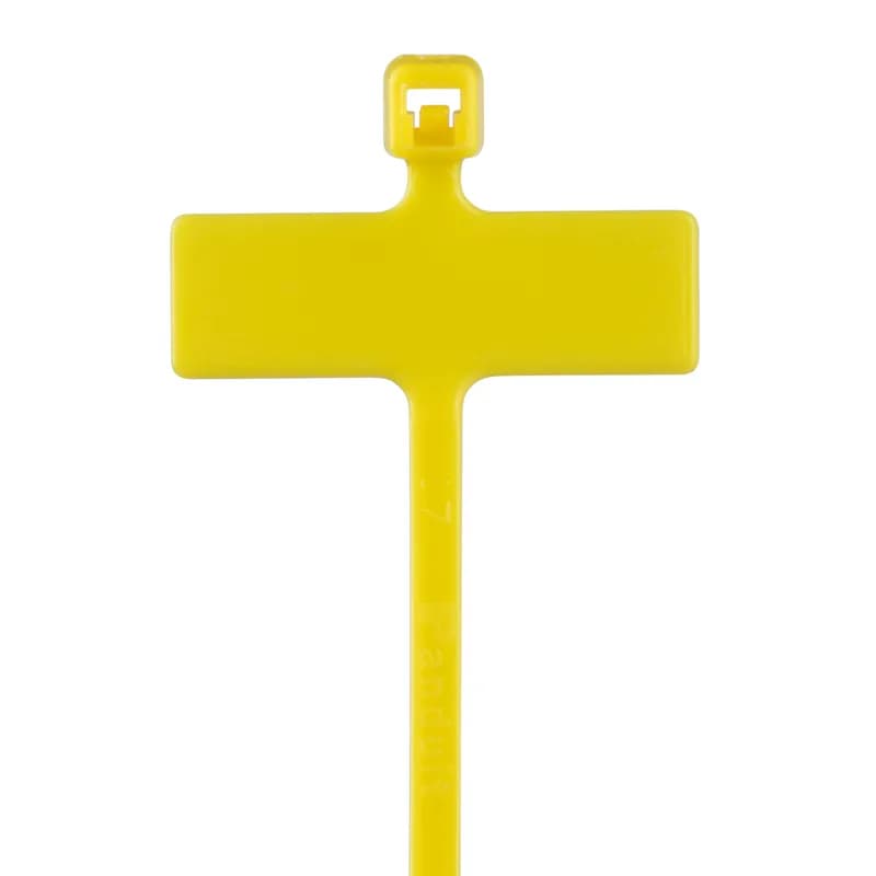 Pan-Ty marker tie, wrap, miniature cross section, 3.9 (99mm) length, .26 x .95 (6.6 x 24.1mm) marker write-on area, nylon 6.6, yellow.