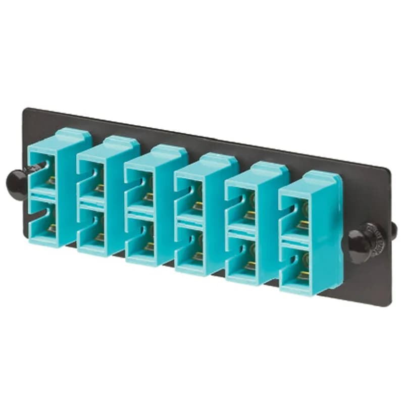 The Opticom SC fiber adapter panel is OM4 and is loaded with 6 SC simplex fiber optic adapters. The fiber optic adapters are aqua with zirconia split sleeves.
