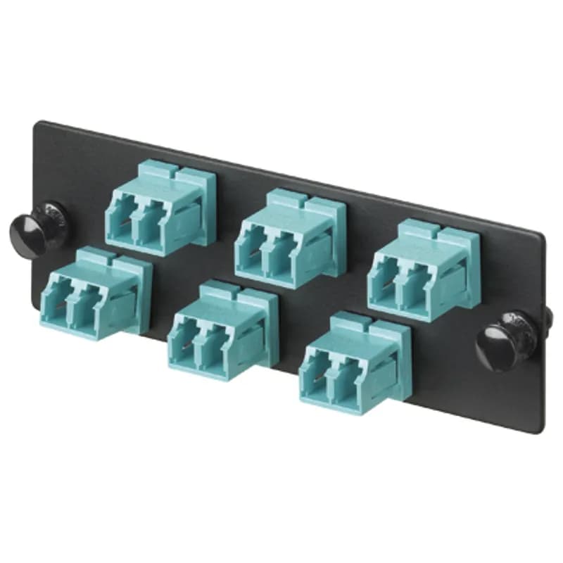 The Opticom LC fiber adapter panel is OM4 and is loaded with 6 LC duplex fiber optic adapters. The fiber optic adapters are aqua with zirconia split sleeves.