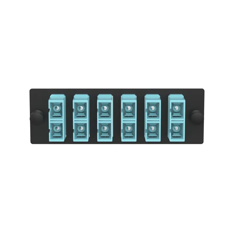 The Opticom SC fiber adapter panel is OM4 and is loaded with 6 SC duplex fiber optic adapters. The fiber optic adapters are aqua with zirconia split sleeves.