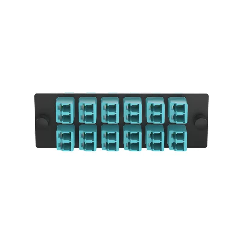 The Opticom LC fiber adapter panel is OM4 and is loaded with 12 LC duplex fiber optic adapters. The fiber optic adapters are aqua with zirconia split sleeves.