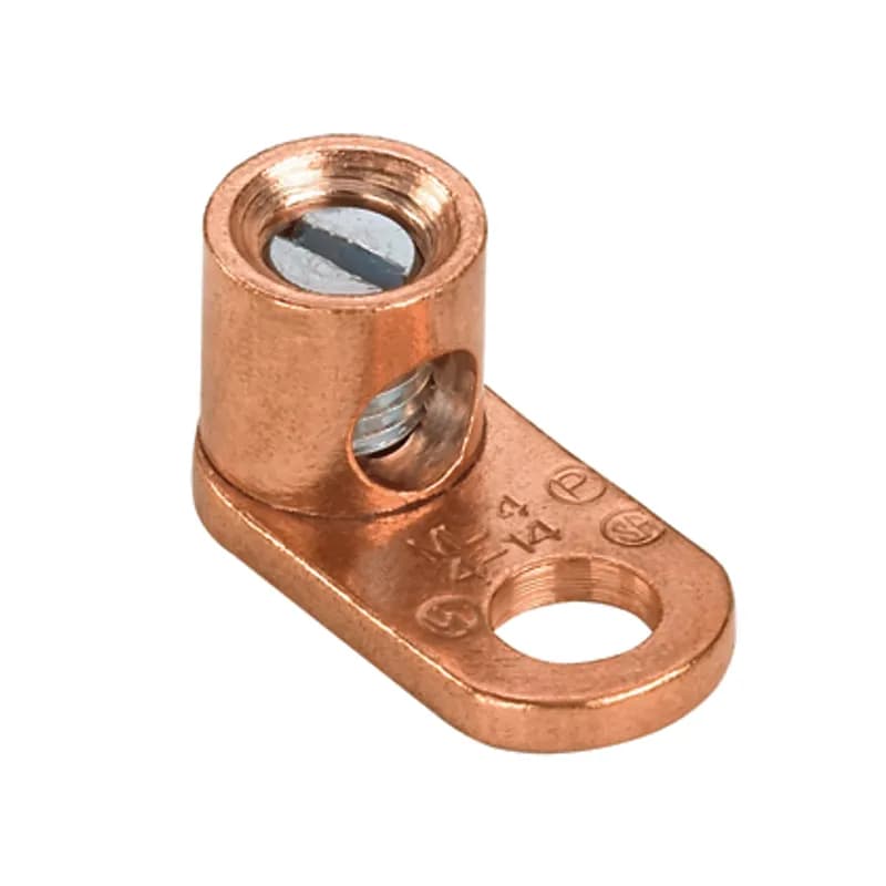 The ML1/0-LY Mechanical Cable Lug one-hole copper, single barrel, is made from high strength electrolytic copper to provide premium electrical and mechanical performance for wide wire range-taking capability that helps minimize inventory requirements. The plated steel set screw provides a durable electrical contract between conductor and Lug. The internal pressure bar and V-bottom collar provide uniform clamping force to assure positive contact.
