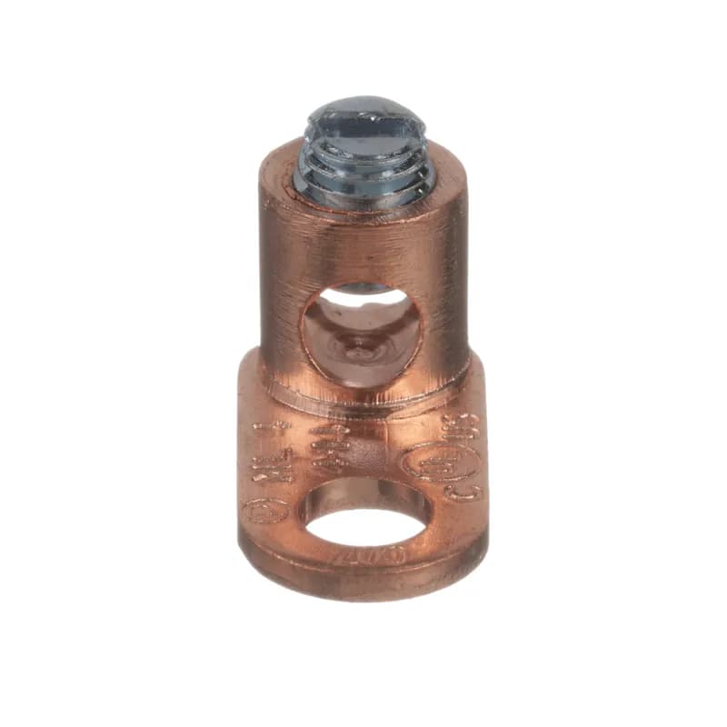 The ML4-CY Mechanical Cable Lug one-hole copper, single barrel, is made from high strength electrolytic copper to provide premium electrical and mechanical performance for wide wire range-taking capability that helps minimize inventory requirements. The plated steel set screw provides a durable electrical contract between conductor and Lug. The internal pressure bar and V-bottom collar provide uniform clamping force to assure positive contact.