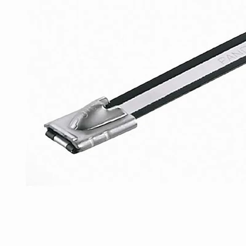 Pan-Steel Nylon 11 Self-locking Cable Ties speed up installation with a unique self-locking head design that locks into any part of the tie. Plus, 316 stainless steel is wrapped in UV-resistant, halogen-free, low-smoke Nylon to promote worker safety and reliability in corrosive environments. Heavy cross section, Max bundle diameter: 2.7in, 10.2in, Tensile strength: 1112, 50pc.
