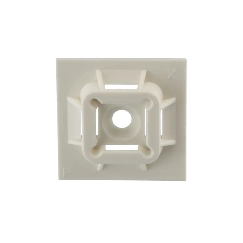 The 4-way mount in white is applied with user-supplied adhesive or a #6 (M3) screw and measures 1" x 1" (25.4 mm x 25.4 mm). It is made of nylon 6.6, which increases mechanical strength, heat and wear resistance, and stiffness. It is designed for indoor environments and comes in packages of 100.