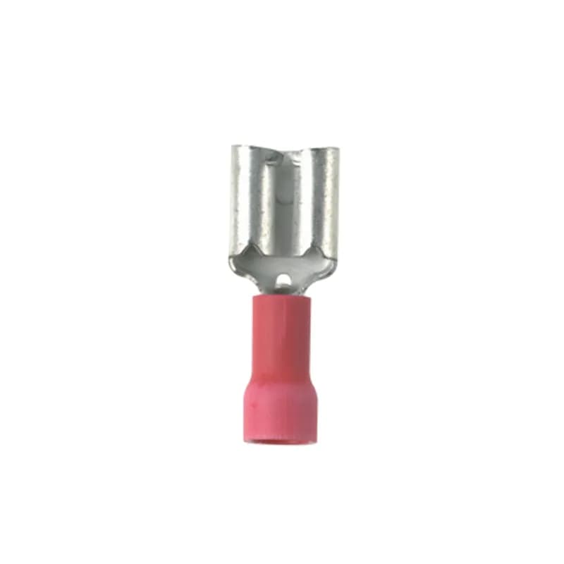 The vibration resistant female disconnect is made of brass and is tin-plated. It is barrel insulated in red vinyl housing. It has a tab size of 0.187 x 0.032" (4.8 x 0.8 mm) and supports a wire range of 22-18 AWG (0.5-1.0 mm ). It is 0.75" (19.1 mm) long and 0.23" (5.8 mm) wide. The disconnect has a funnel entry barrel configuration and a butted seam barrel. It comes in bottles of 100.