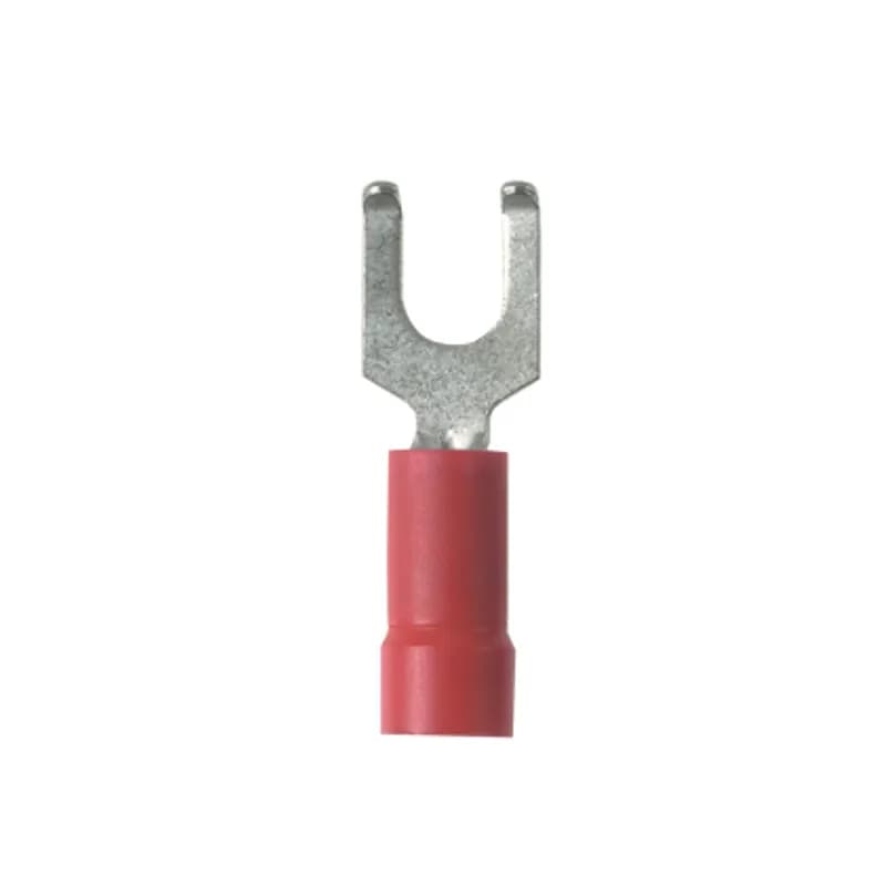 Flanged Fork Terminal, vinyl insulated, funnel entry, 22 - 16 AWG, #8 stud size.