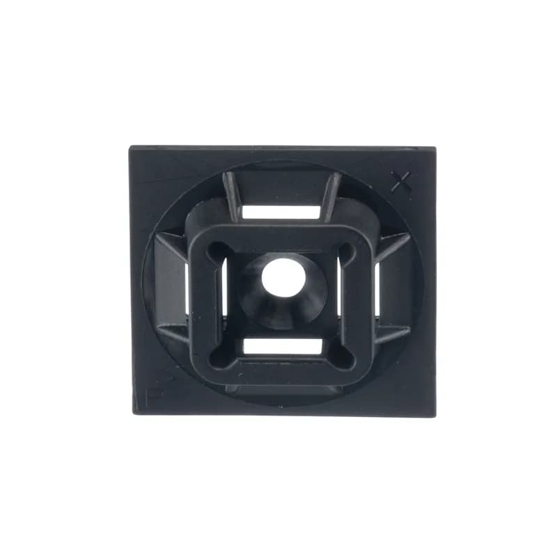 The 4-way mount in black is applied with user-supplied adhesive or a #6 (M3) screw and measures 1" x 1" (25.4 mm x 25.4 mm). It is made of weather-resistant nylon 6.6, which increases mechanical strength, heat and wear resistance, and stiffness. It is designed for outdoor environments and comes in packages of 100.