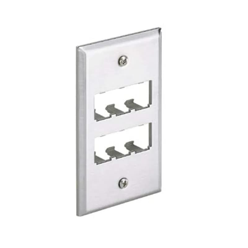 The Mini-Com Stainless Steel Faceplate accepts six Mini-Com Modules. The faceplate is single gang and mounts to a NEMA standard single gang opening. The faceplate can be identified with an adhesive label and is made of impact resistant material to support installations in high traffic areas.