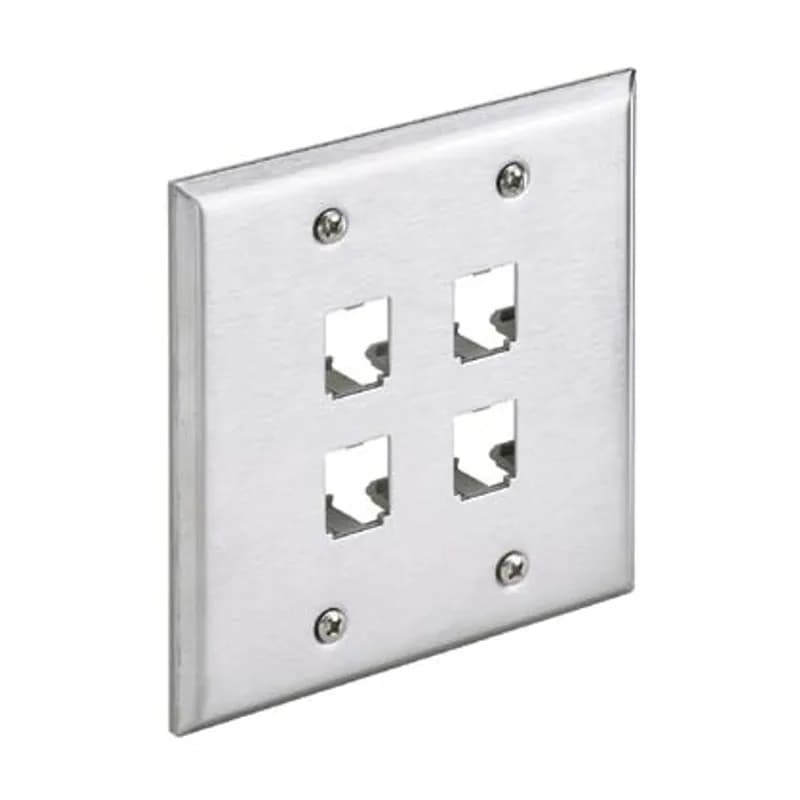 The Mini-Com Stainless Steel Faceplate accepts four Mini-Com Modules. The faceplate is double gang and mounts to a NEMA standard double gang opening. The faceplate can be identified with an adhesive label and is made of impact resistant material to support installations in high traffic areas.