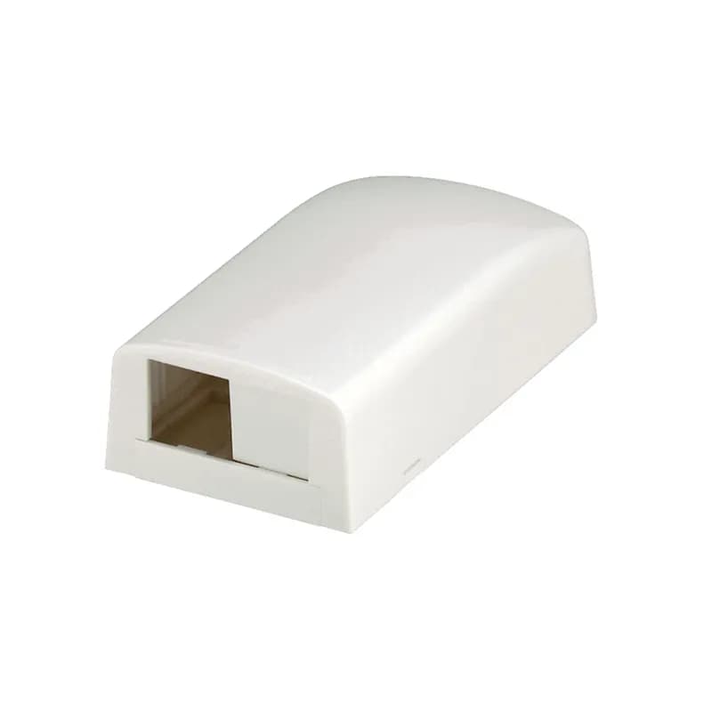 The Mini-Com Surface Mount Box is plenum rated and accepts two Mini-Com Modules. The box offers a variety of mounting options using adhesive tape, screws, or optional magnet. The box can be identified with an adhesive label and is white.