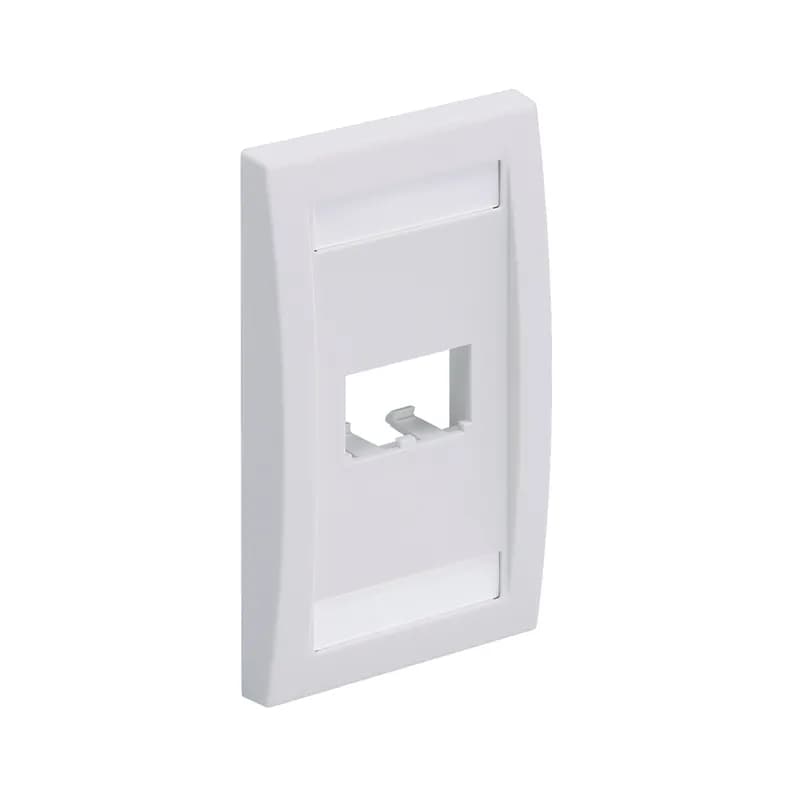 The Mini-Com Executive Series Faceplate accepts two Mini-Com Modules. The faceplate is single gang and mounts to a NEMA standard single gang opening. The faceplate includes a raised rail design on the outer edge of the frame, has a label pocket for easy identification, and is black.