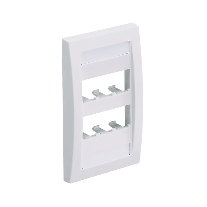 The Mini-Com Executive Series Faceplate accepts six Mini-Com Modules. The faceplate is single gang and mounts to a NEMA standard single gang opening. The faceplate includes a raised rail design on the outer edge of the frame, has a label pocket for easy identification, and is black.