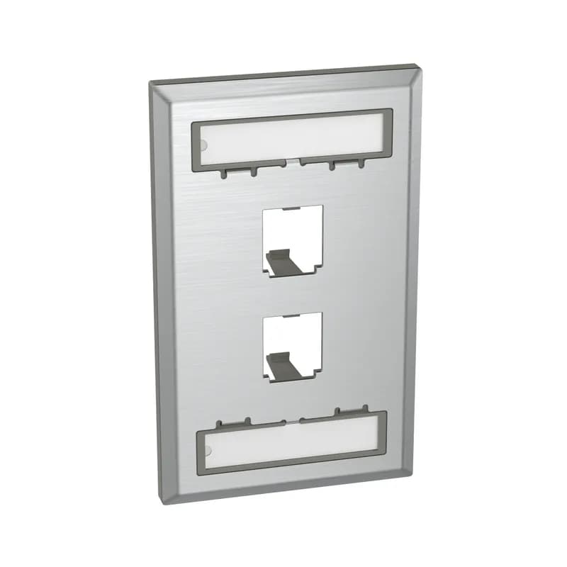 The Mini-Com Stainless Steel Faceplate accepts two Mini-Com Modules. The faceplate is single gang and mounts to a NEMA standard single gang opening. The faceplate includes a label pocket for easy identification and is made of impact resistant material to support installations in high traffic areas.