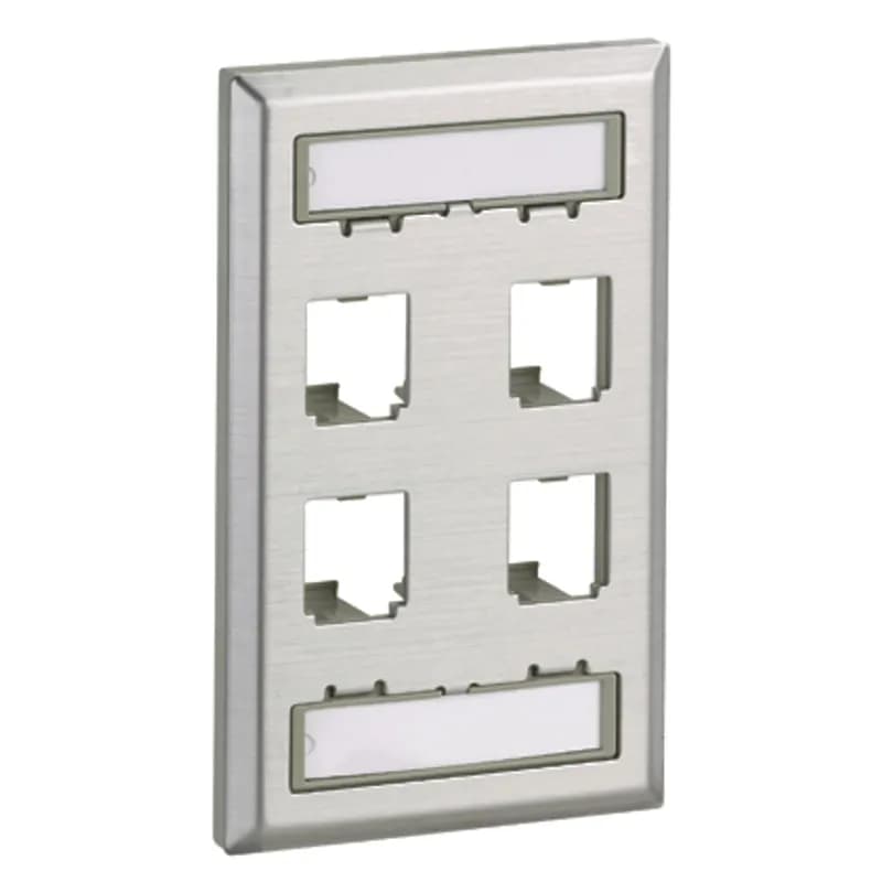 The Mini-Com Stainless Steel Faceplate accepts four Mini-Com Modules. The faceplate is single gang and mounts to a NEMA standard single gang opening. The faceplate includes a label pocket for easy identification and is made of impact resistant material to support installations in high traffic areas.