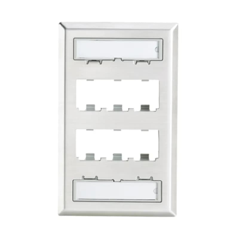 The Mini-Com Stainless Steel Faceplate accepts six Mini-Com Modules. The faceplate is single gang and mounts to a NEMA standard single gang opening. The faceplate includes a label pocket for easy identification and is made of impact resistant material to support installations in high traffic areas.