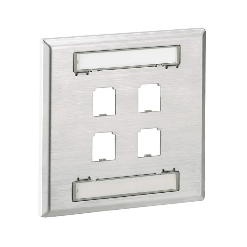Panduit CFPL4S-2GY - The Mini-Com Stainless Steel Faceplate accepts four Mini-Com Modules. The faceplate is double gang and mounts to a NEMA standard double gang opening. The faceplate includes a label pocket for easy identification and is made of impact resistant material to support installations in high traffic areas.