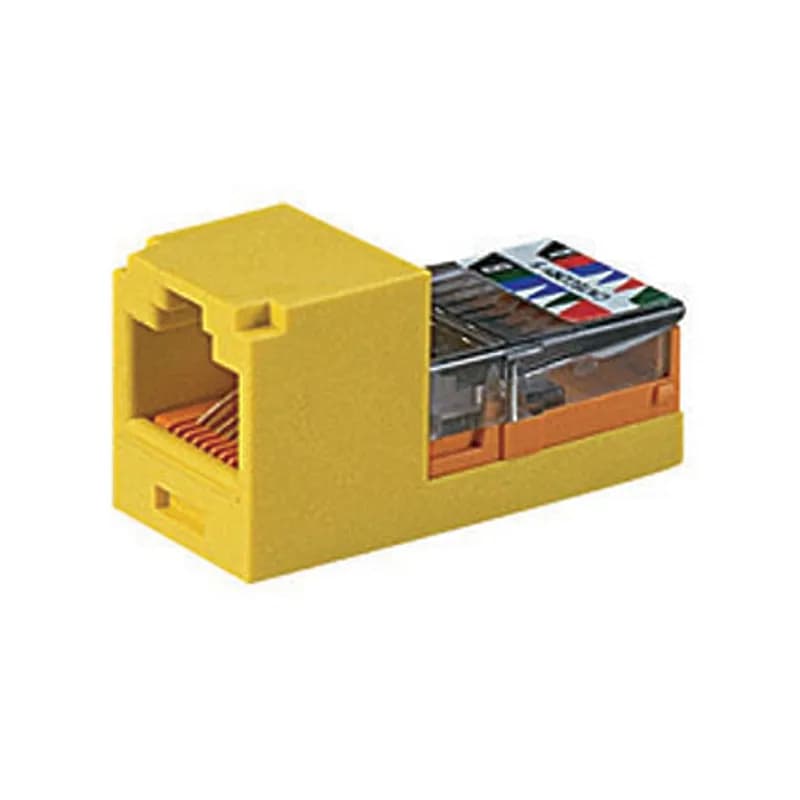 The Mini-Com Cat 5e UTP RJ45 Leadframe Jack Module is designed to terminate 4-pair, 22-24 AWG twisted pair cable. Each module is 100% factory tested for continuity. Contacts are plated with 50 microinches of gold for superior performance. Jack modules are compatible with Mini-Com Modular Patch Panels and Faceplates. The jack module is Yellow.