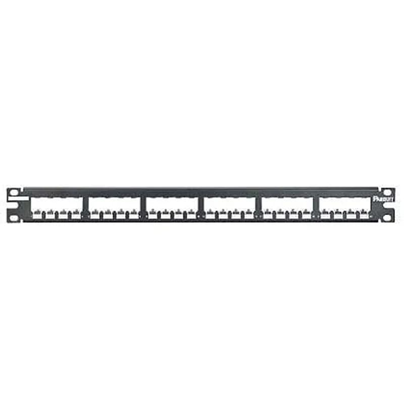 The Mini-Com All Metal Shielded Patch Panel accepts up to 24 Mini-Com Shielded Jack Modules in 1 RU. The panel has a flat design made of stainless steel construction and mounts to 19 inch and 23 inch racks and cabinets. It includes grounding lugs. The panel has white write-on areas, can be identified with adhesive labels, and is black.