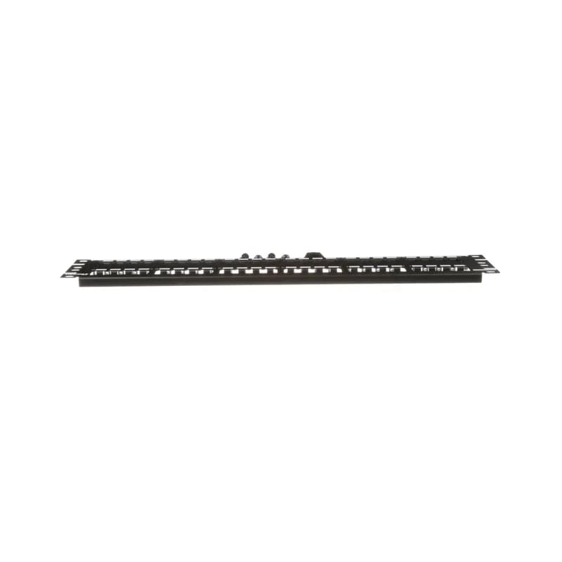 The Mini-Com All Metal Shielded Patch Panel accepts up to 48 Mini-Com Shielded Jack Modules in 2 RU. The panel has a flat design made of stainless steel construction and mounts to 19 inch and 23 inch racks and cabinets. It includes grounding lugs. The panel has white write-on areas, can be identified with adhesive labels, and is black.
