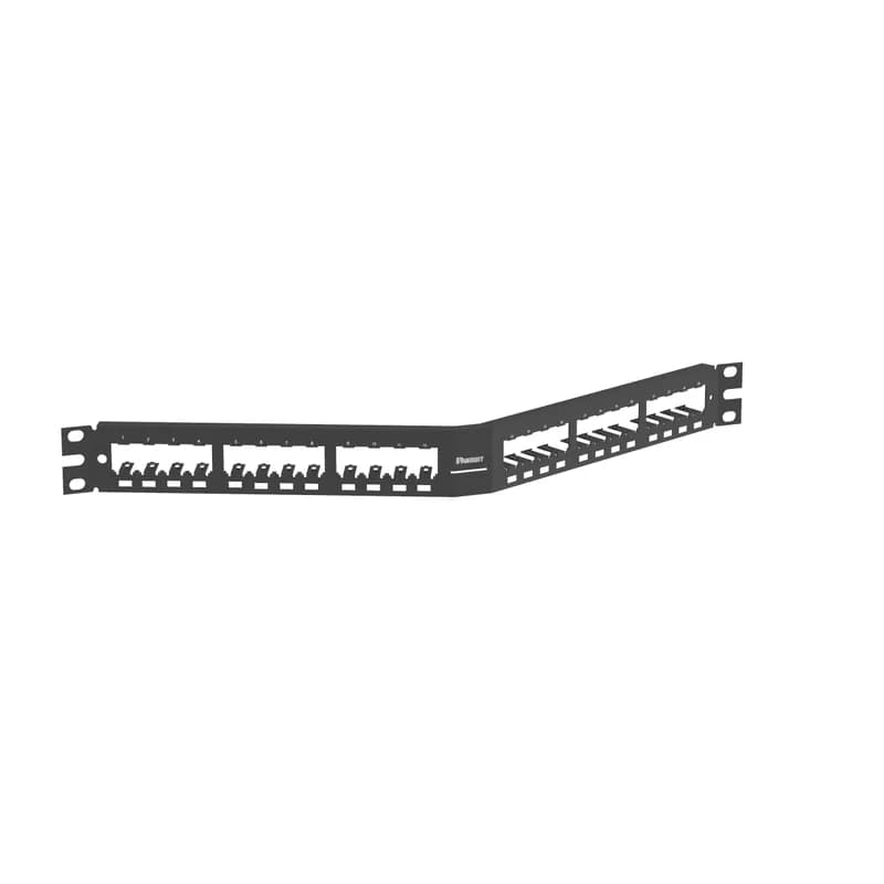 The Mini-Com All Metal Shielded Patch Panel accepts up to 24 Mini-Com Shielded Jack Modules in 1 RU. The panel has an angled design made of stainless steel construction and mounts to 19 inch and 23 inch racks and cabinets. It includes grounding lugs. The panel has white write-on areas, can be identified with adhesive labels, and is black.