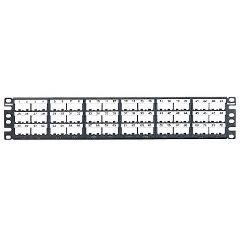 The Mini-Com Faceplate Modular Patch Panel accepts up to 72 Mini-Com Modules for unshielded applications in 2 RU and mounts to 19 inch and 23 inch racks and cabinets. The patch panel offers front access, includes label pockets with preprinted labels for easy identification, and is black.