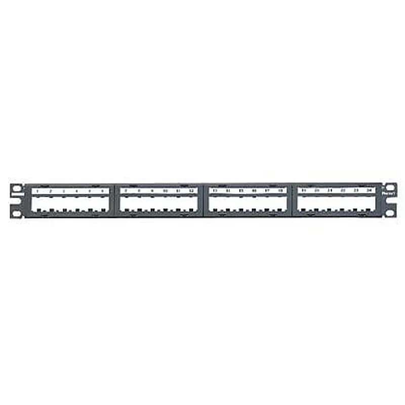 The Mini-Com Faceplate Modular Patch Panel accepts up to 24 Mini-Com Modules for unshielded applications in 1 RU and mounts to 19 inch and 23 inch racks and cabinets. Ports are grouped in 6. The panel includes label pockets with preprinted labels for easy identification and is black.