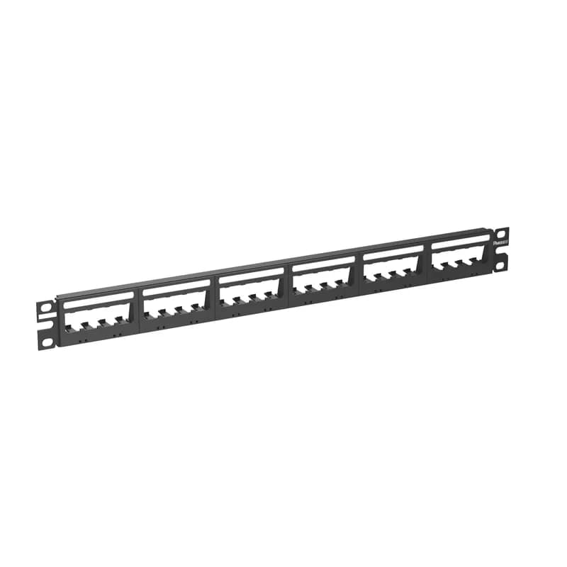 The Mini-Com Ultimate ID Modular Patch Panel accepts up to 24 Mini-Com Modules for unshielded applications in 1 RU and mounts to 19 inch and 23 inch racks and cabinets. The panel offers front access and includes label pockets for easy identification (labels are not included). The patch panel is black.