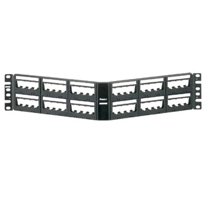 The Mini-Com Ultimate ID Angled Modular Patch Panel accepts up to 48 Mini-Com Modules for unshielded applications in 2 RU and mounts to 19 inch and 23 inch racks and cabinets. The panel offers front access and includes label pockets for easy identification (labels are not included). The patch panel is black.